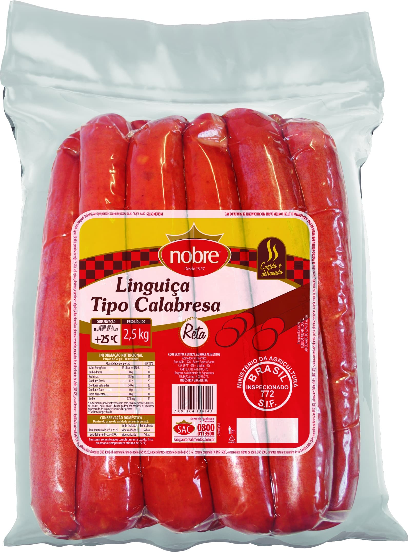 13414 - Linguiça Calabresa Reta Defumada Nobre 2,5kg